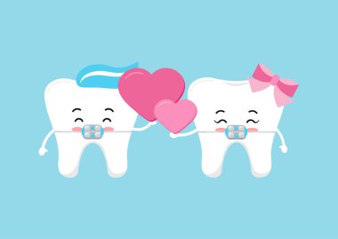 Dişleri birbirine bağlı ve ellerinde kalpleri olan bir çift..