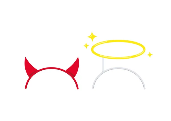 Devil horns and angel gold halo on headband set isolated on white background. — Stock Vector