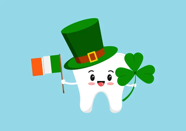 St Patrick ząb w kapeluszu krasnoludka shamrock i flagi lin ręka. — Wektor stockowy