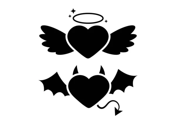 Ángel y diablo o demonio corazón icono negro conjunto aislado sobre fondo blanco. — Vector de stock