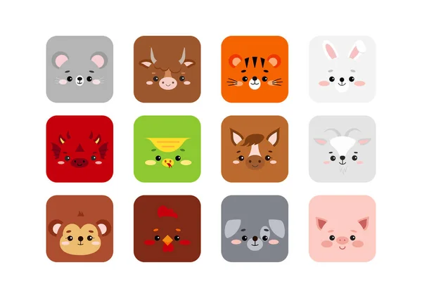Zodíaco chinês animal quadrado faces ícone vetor conjunto isolado no fundo branco. — Vetor de Stock