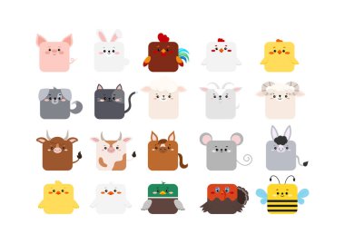 Kare çiftlik hayvanı beyaz arkaplanda izole edilmiş şirin bir simgeyle karşı karşıya.