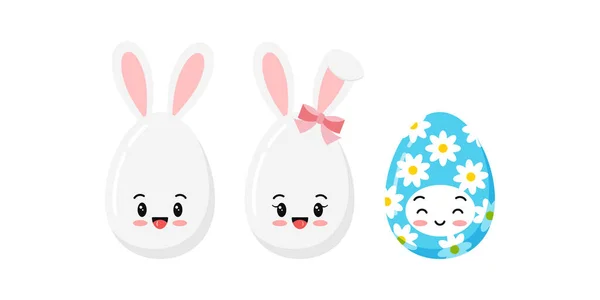 Easter cute jaj z króliczymi uszami i zestaw znaków kwiat izolowane na białym tle. — Wektor stockowy