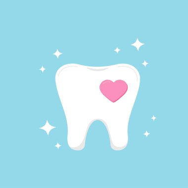Mavi arkaplanda kalp ve ışıltılı diş simgesine sahip diş.