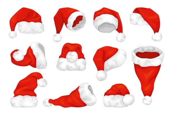 Chapeau traditionnel du Père Noël. Icônes de différents types de chapeaux pour Noël. — Image vectorielle