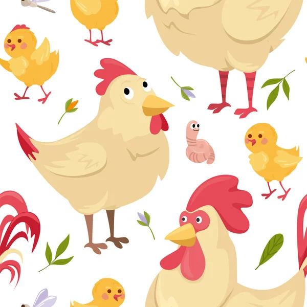 Pattern Hen and rooster with chickens on a white background. Cute chicken family with chickens in cartoon style on an isolated background. — Foto Stock