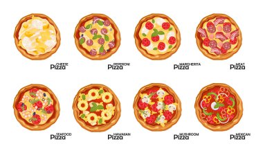 Pizza seti taze pizza, farklı dolgulu fast food..