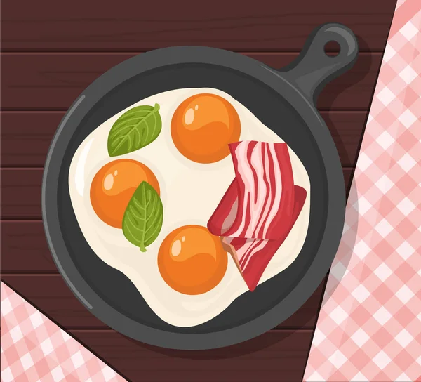 Uova fritte su una padella con pancetta e foglie di basilico verde. Illustrazione colorata colazione. — Vettoriale Stock