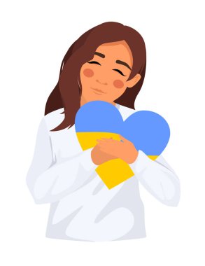 Kız Ukrayna 'nın bayrak kalbini kucaklıyor. Ukrayna 'da kalma fikri. Kalbinde Ukrayna 'ya savaş yok. Savaşa karşı destek. Vektör illüstrasyonu .
