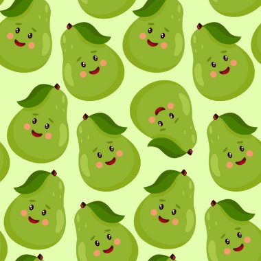 Tatlı armut karakterinin kusursuz baskısı. Paket kağıdı, çocuk giysileri, kumaşlar için tasarım. Vektör grafikleri