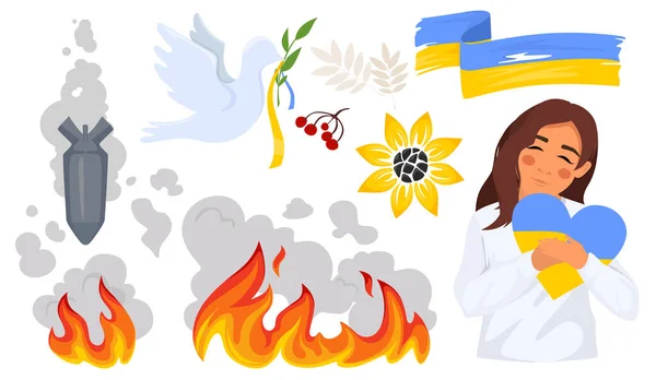 Ensemble Icônes Dédiées Ukraine Guerre Ukraine Fille Étreint Cœur Avec — Image vectorielle