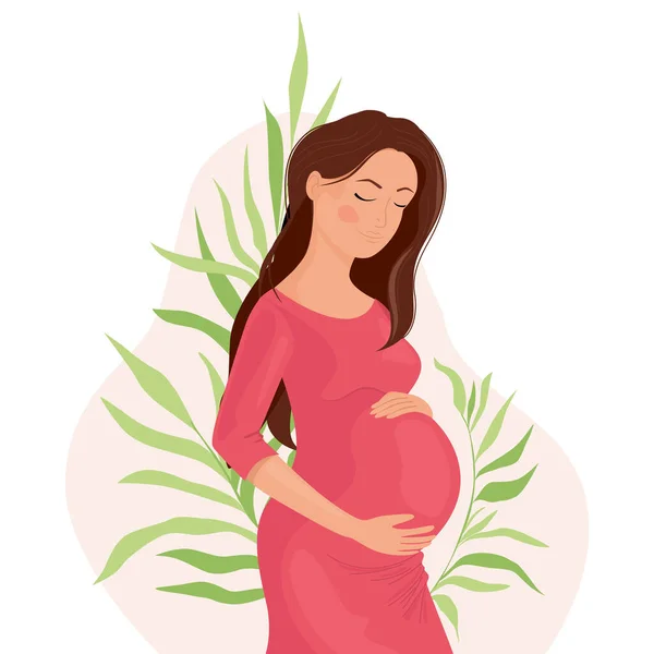 葉を背景にお腹を抱えている幸せな妊婦さん 命の誕生 幸せな妊娠 漫画ベクトルイラスト — ストックベクタ