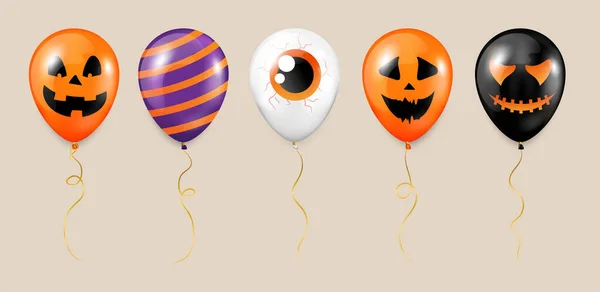 Collection Ballons Halloween Vecteur Réaliste Ensemble Ballons Avec Des Visages — Image vectorielle