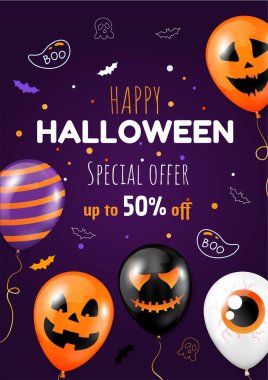 Mutlu Cadılar Bayramı indirimli balonlu dikey afişleri. Promosyon hareketi.