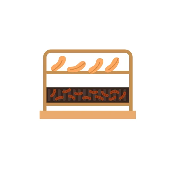 Flache Cartoon-Fleischstücke, Würstchen auf Grillrost, gesunde Ernährung und Vektorgrafik zum Kochen — Stockvektor