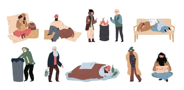 Плоский мультфильм бездомных грустных персонажей набор, глобальные социальные проблемы векторной иллюстрации концепции — стоковый вектор
