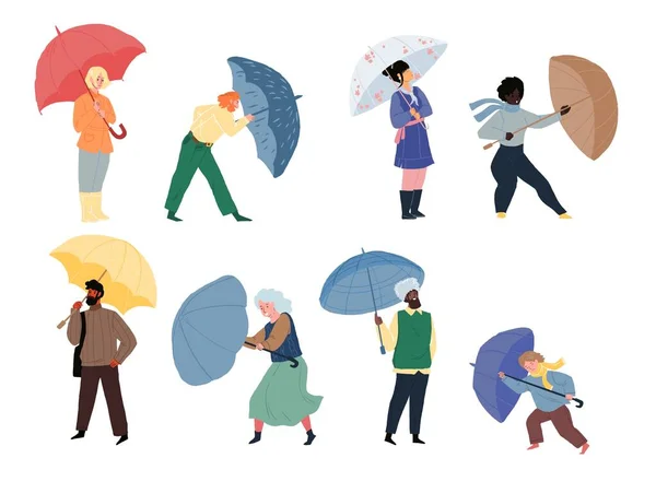Персонажи плоских мультфильмов с векторной иллюстрацией зонтиков — стоковый вектор