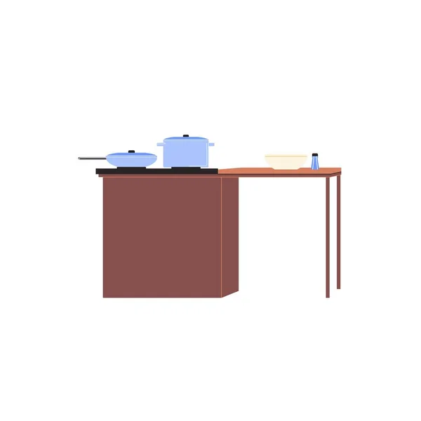Plochá kreslená pánev, pánev a mísa na kuchyňském stole, domácí nábytek, kuchyňské prvky vektorové ilustrace — Stockový vektor