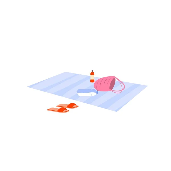 Esterilla de playa plana de dibujos animados con bolsa, zapatillas y botellas de agua, turismo, vacaciones en el mar vector concepto de ilustración — Vector de stock