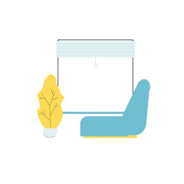 Düz çizgi film koltuğu ve ev bitkisi, yaşam vektörü illüstrasyon konsepti için oturma odası iç unsurları