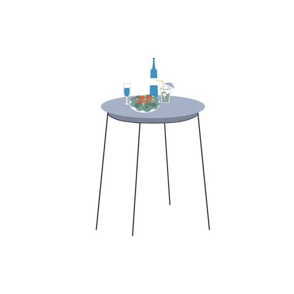 Mesa redonda plana de dibujos animados con alimentos y bebidas, platos de restaurante y cafetería, servicio de entrega de alimentos vector concepto de ilustración — Vector de stock
