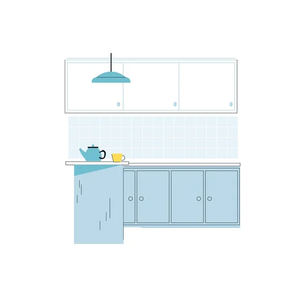 Tetera plana de dibujos animados, taza en la mesa de cocina con gabinete, muebles para el hogar, elementos de interior de la cocina vector concepto de ilustración — Vector de stock