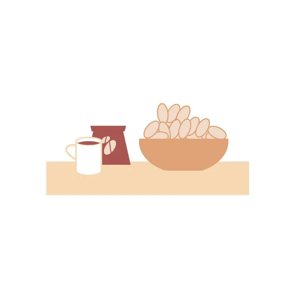 Plano desenho animado xícara de café, dieta equilibrada, café da manhã saudável e conceito de ilustração vetor de cozinha de alimentos — Vetor de Stock