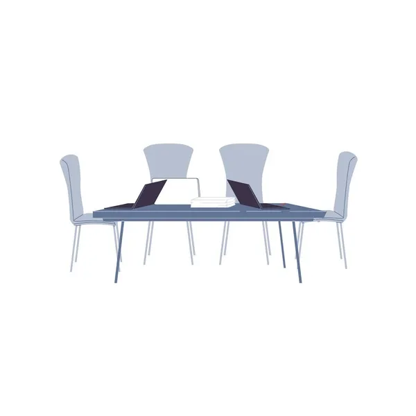 Mesa de trabalho de conferência de desenhos animados plana com laptops e cadeiras, equipamentos eletrônicos, móveis e escritório conceito de ilustração vetorial de elementos interiores — Vetor de Stock
