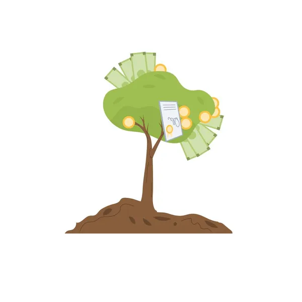 Płaskie drzewo pieniędzy kreskówki, inwestycje finansowe metafora wektor ilustracji koncepcja — Wektor stockowy