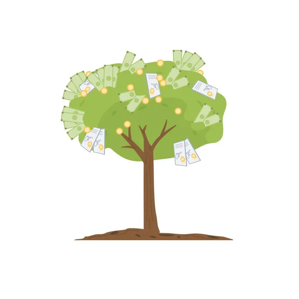 Płaska kreskówka w pełni uprawiane drzewo pieniędzy, inwestycje finansowe metafora wektor ilustracji koncepcja — Wektor stockowy