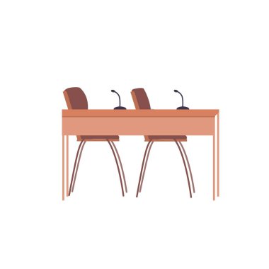 Mikrofon ve sandalyeli düz çizgi film konferans çalışma masası, elektronik ekipman, mobilya ve ofis içi elemanları vektör illüstrasyon konsepti