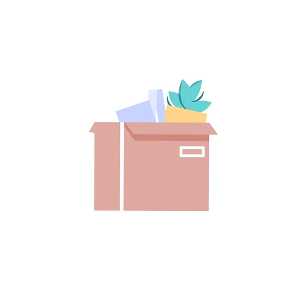Flache Cartoon-Box mit Büromaterial, Artikelaufbewahrung und Transportvektorillustrationskonzept — Stockvektor