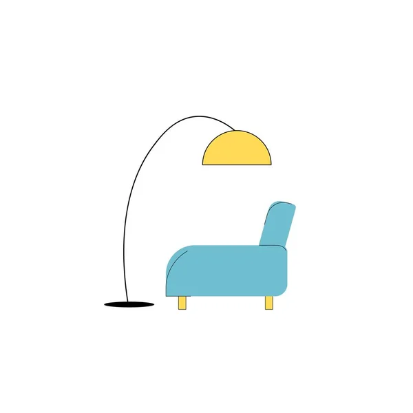 Silla de dibujos animados plana y lámpara de pie, elementos interiores de la sala de estar para la vida en el hogar concepto de la ilustración vector comodidad — Vector de stock