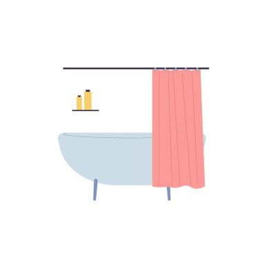 Düz çizgi film küveti, perdeli ve raflı kişisel hijyen eşyaları, banyo mobilyaları, iç mekan elementleri vektör illüstrasyon konsepti.