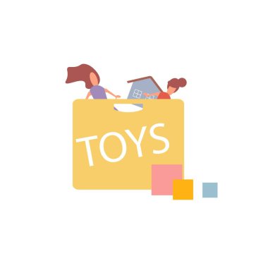 Oyuncak dolu düz çizgi film kutusu, sağlıklı aile ve mutlu çocukluk vektörü çizimi konsepti.