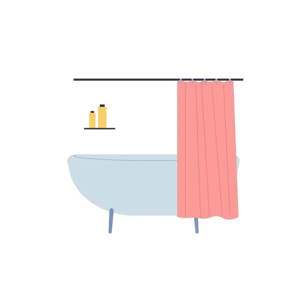 Bañera de dibujos animados plana con cortina y estante con artículos de higiene personal, muebles de baño en casa, elementos interiores vector concepto de ilustración — Vector de stock