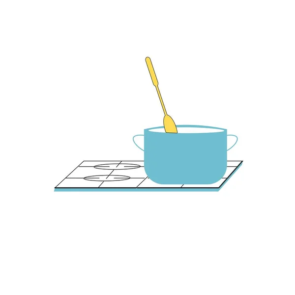 Плоска мультяшна сковорода на плиті, домашні меблі, кухонна техніка елементи інтер'єру Векторна ілюстрація концепція — стоковий вектор