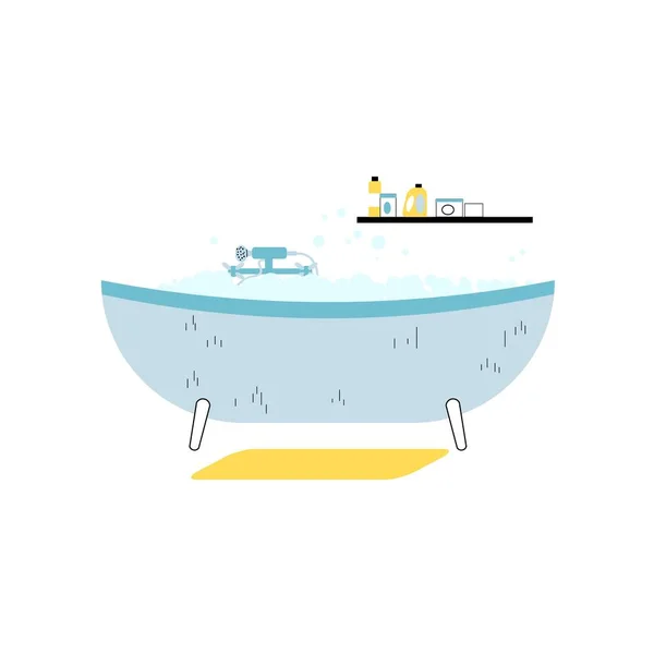 Flat cartoon bathtub with foam water and shelf with personal hygiene items,home bathroom furniture,interior elements vector illustration concept — Stock Vector