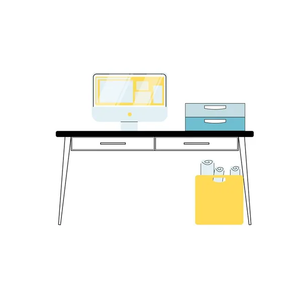 Platt tecknad datorskärm på skrivbord, elektronisk utrustning, möbler och kontor interiör element vektor illustration koncept — Stock vektor