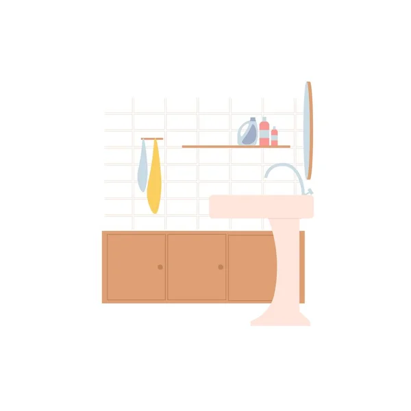 平面卡通浴室橱柜，带有镜子的水池和水龙头，家庭卫生间家具，室内元素矢量图解概念 — 图库矢量图片