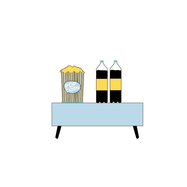 Plochý kreslený popcorn taška a cola láhve na stole, fast food strava a zdravý stravovací vektorové ilustrace koncept — Stockový vektor
