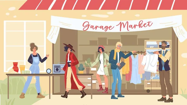 Personaggi dei cartoni animati piatto shopping al mercato garage, concetto di illustrazione vettoriale — Vettoriale Stock