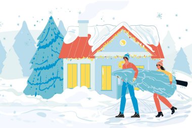 Erkek kadın çift Noel için köknar ağacı taşıyor.