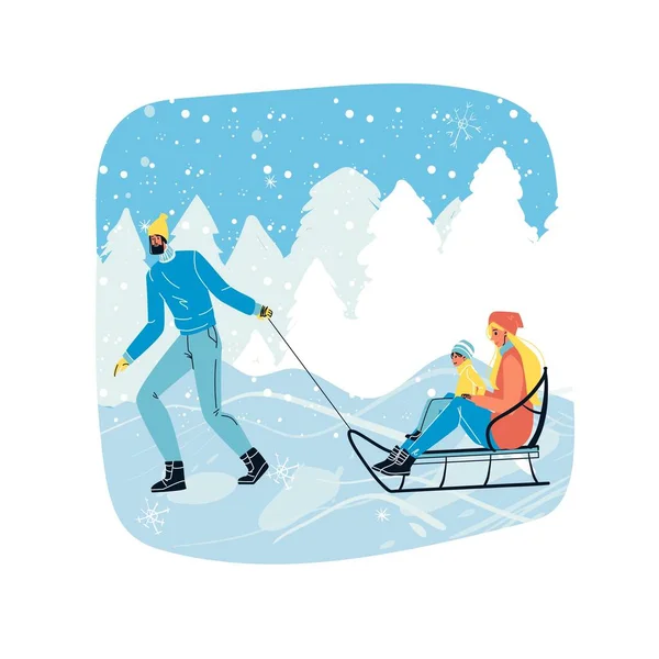 Man dragen vrouw en kind op slee over winter scene — Stockvector