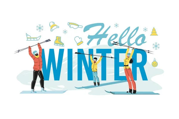 Ciao inverno poster design con la famiglia felice sullo sci — Vettoriale Stock