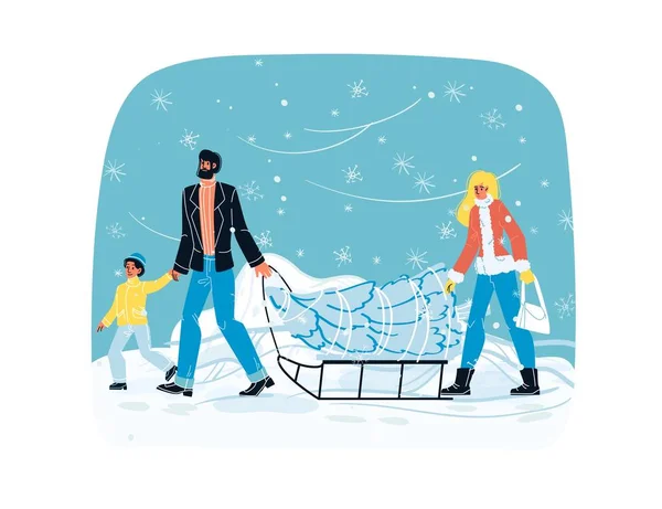 Happy family carrying fir tree on sled winter scene — Stock Vector