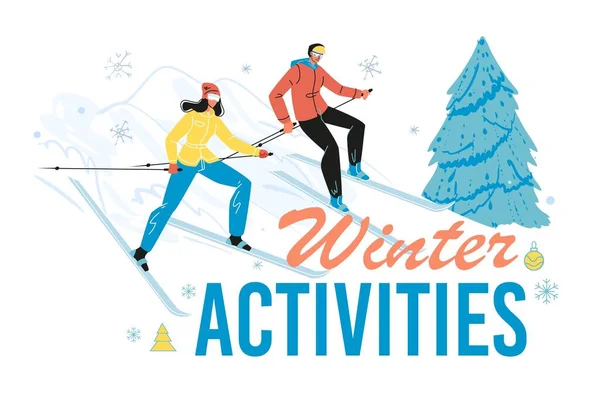 Winteractiviteiten poster met vrouw en man skiën — Stockvector