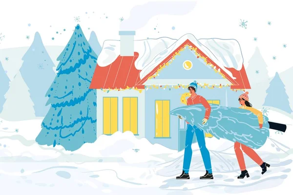Homme femme couple portant sapin pour Noël — Image vectorielle
