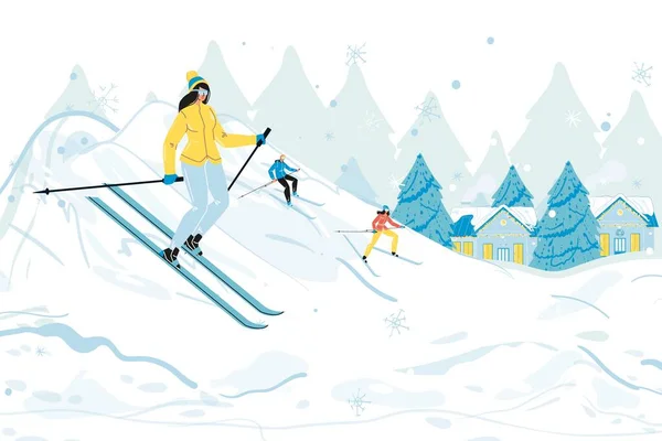 Turist kayağı yapan insanlar kayak merkezinde tatilin tadını çıkarıyor. — Stok Vektör
