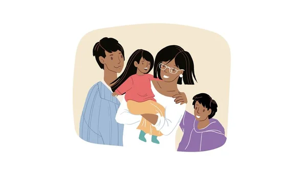 Cartone animato piatto nero famiglia personaggi genitori e bambini, sano concetto di illustrazione vettoriale familiare — Vettoriale Stock
